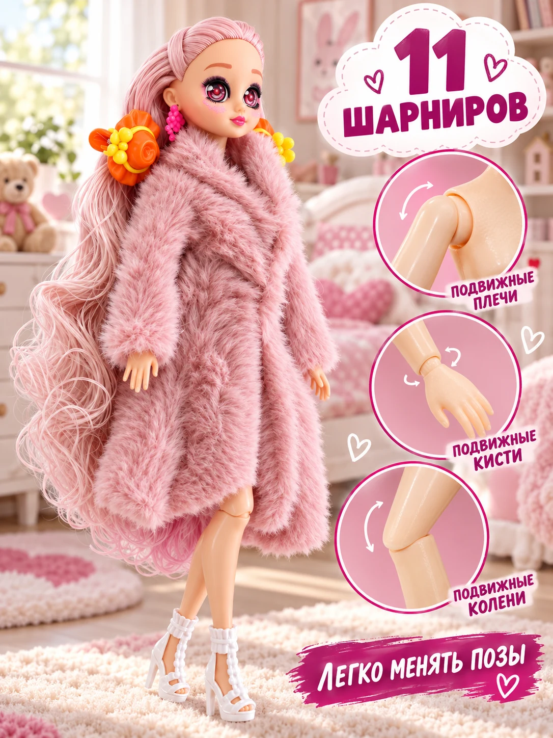 Кукла шарнирная в меховом наряде с длинными волосами 31 см TY002B-1/LBAR31.4 — кукла оптом, фото 3